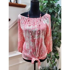 Express Women's Pink White Polyester Scoop Neck Long Sleeve Casual Top Blouse M